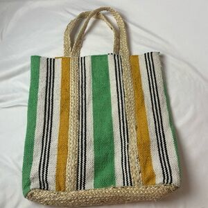 Fabulous MJ Woven Cotton And Jute Tote Bag Green White Gold Beach Carryall Boho